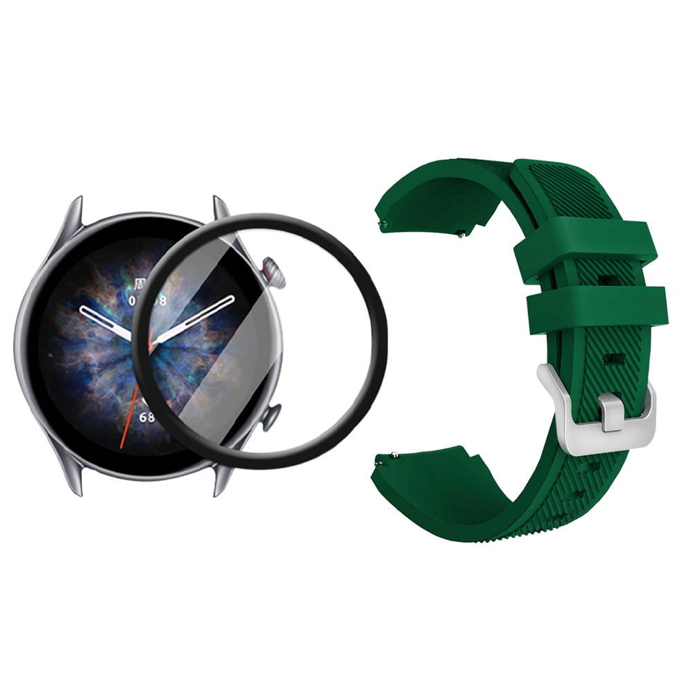 Kit Correa Pulso Manilla de Goma Rayada 22mm para Xiaomi AmazFit GTR 3 PRO Y Vidrio Templado Nano Glass