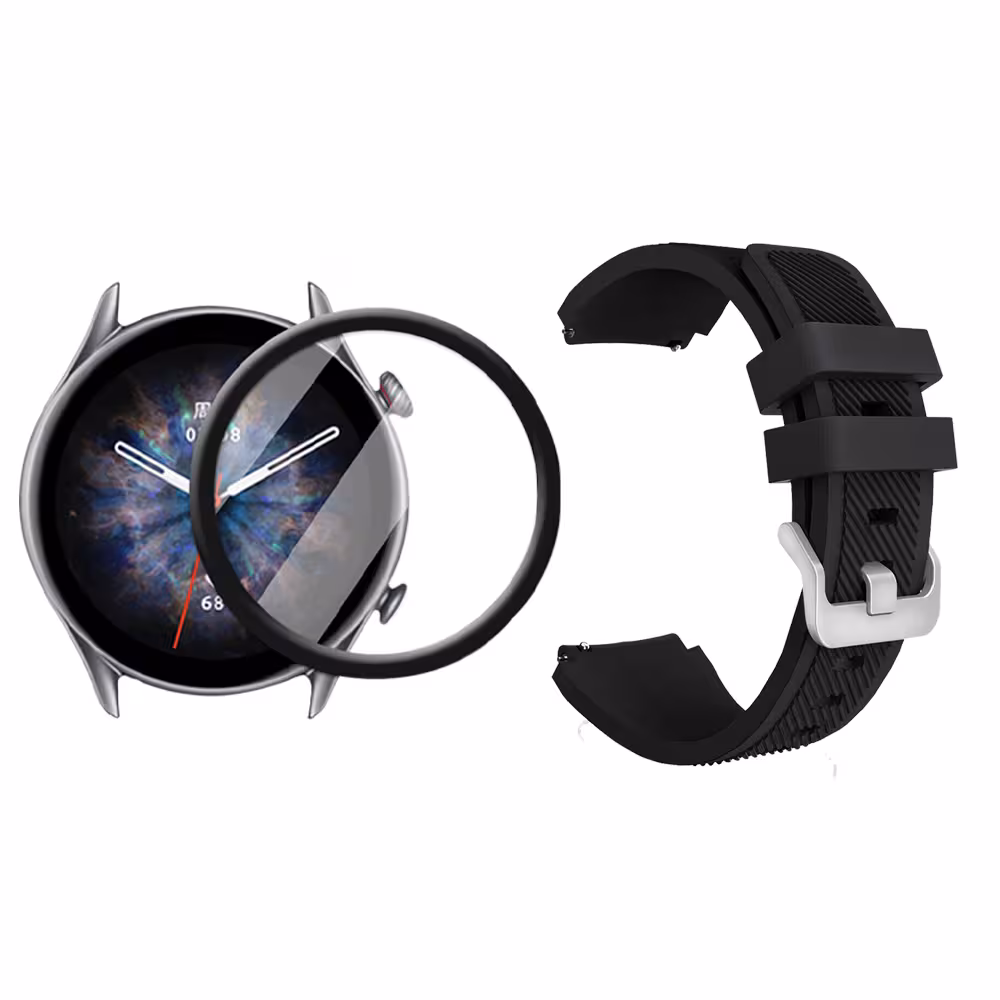 Kit Correa Pulso Manilla de Goma Rayada 22mm para Xiaomi AmazFit GTR 3 PRO Y Vidrio Templado Nano Glass