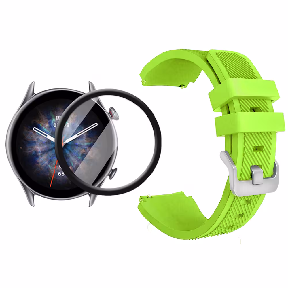 Kit Correa Pulso Manilla de Goma Rayada 22mm para Xiaomi AmazFit GTR 3 PRO Y Vidrio Templado Nano Glass