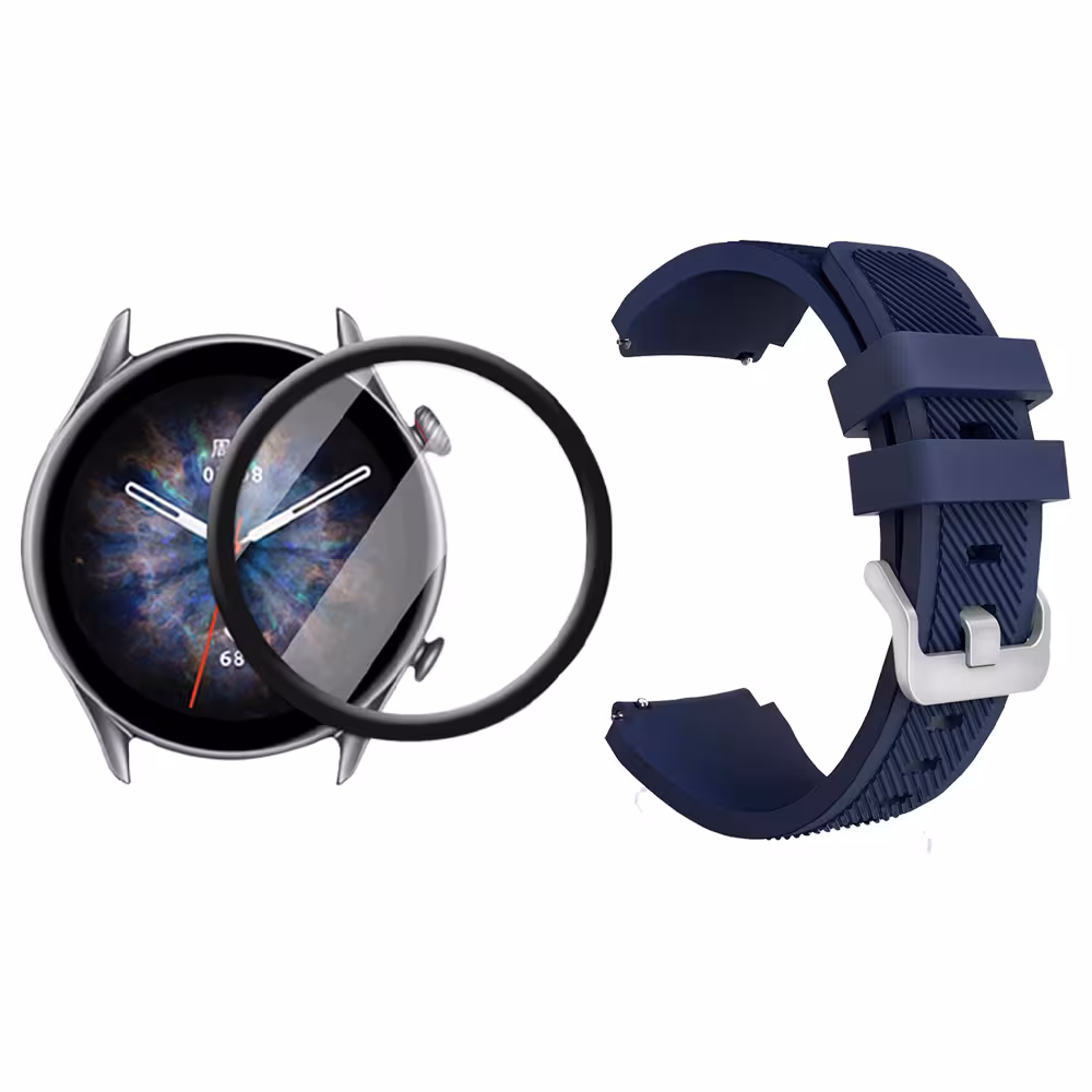 Kit Correa Pulso Manilla de Goma Rayada 22mm para Xiaomi AmazFit GTR 3 PRO Y Vidrio Templado Nano Glass