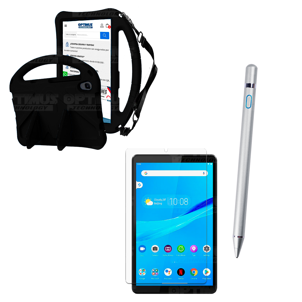 Kit Vidrio Templado + Estuche Protector Anti-Shock con Cordón Ajustable + Lápiz Digital Para Tablet Lenovo Tab M8 X8505f