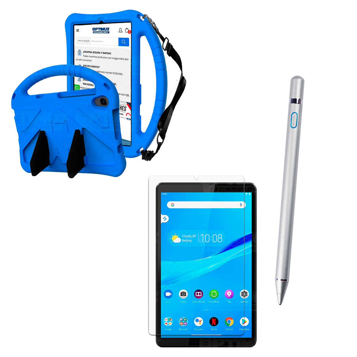 Kit Vidrio Templado + Estuche Protector Anti-Shock con Cordón Ajustable + Lápiz Digital Para Tablet Lenovo Tab M8 X8505f