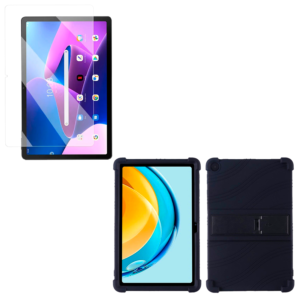 Combo Vidrio templado y Estuche Protector de goma antigolpes con soporte Tablet Lenovo M10 Plus 3era Gen 10.6 2022 TB-125FU