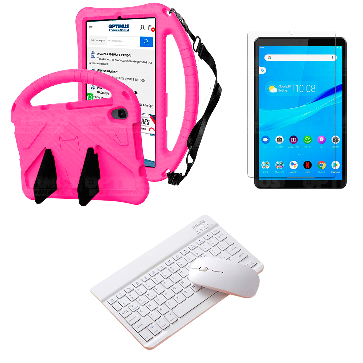 Kit Case Protector con correa + Vidrio templado + Teclado y Mouse Bluetooth Tablet Lenovo M8 X8505f