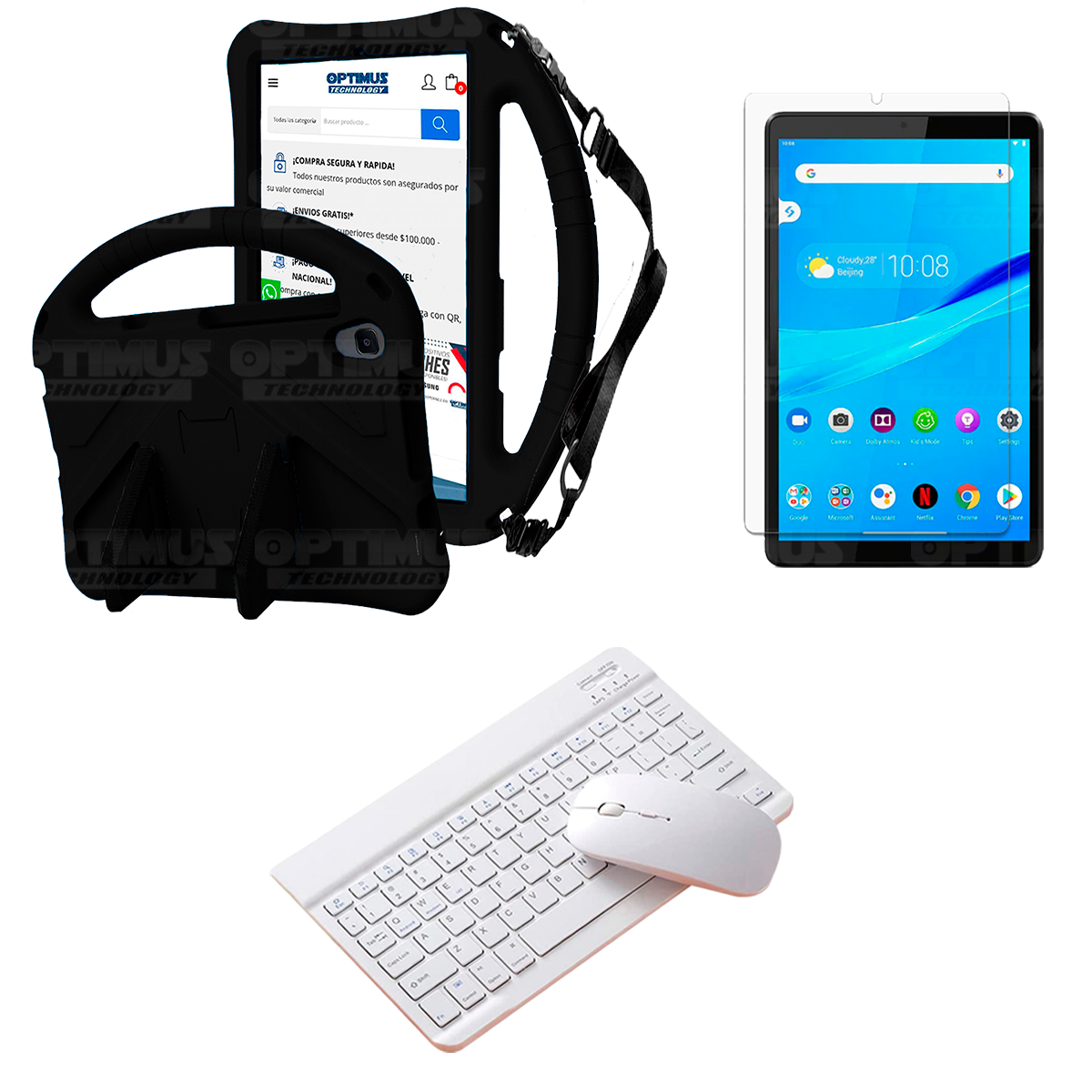 Kit Case Protector con correa + Vidrio templado + Teclado y Mouse Bluetooth Tablet Lenovo M8 X8505f