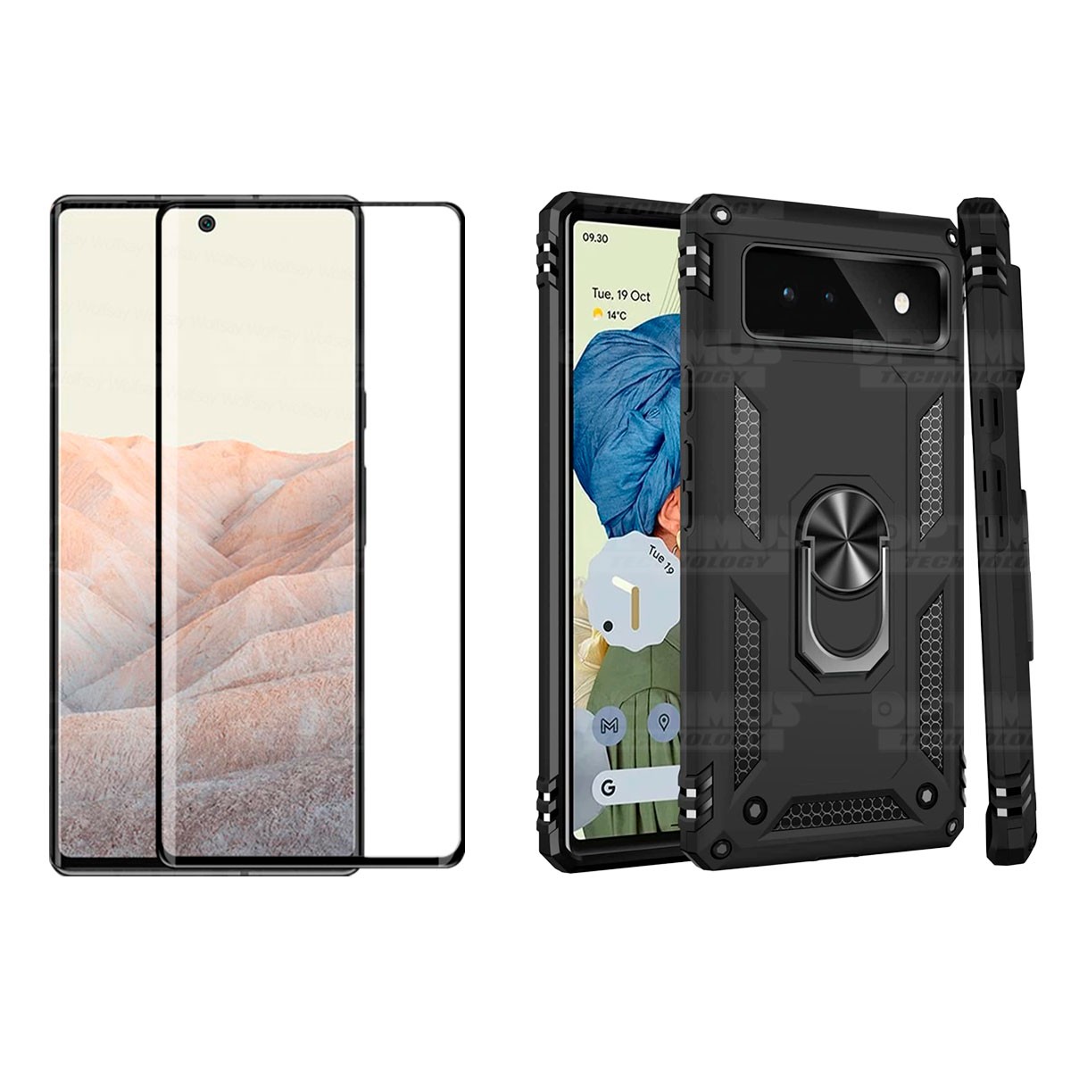 Kit Vidrio templado curvo 6D y Estuche Case Forro Protector Anti-Shock doble capa para celular Google Pixel 6