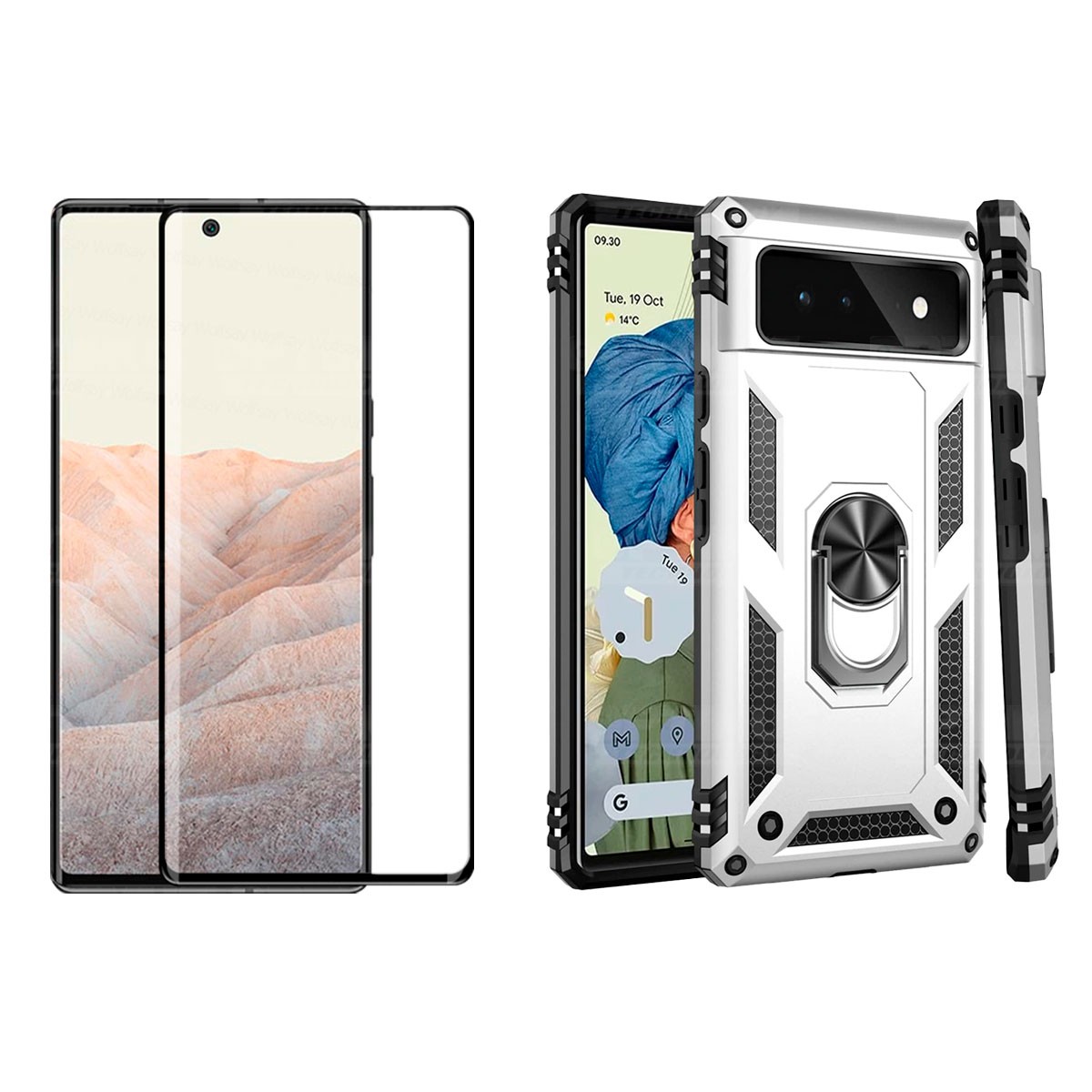Kit Vidrio templado curvo 6D y Estuche Case Forro Protector Anti-Shock doble capa para celular Google Pixel 6