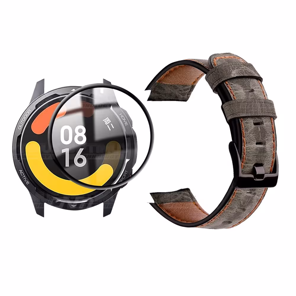 KIT Correa Manilla de cuero leather y Vidrio templado cerámico para Reloj Smartwatch Xiaomi Watch S1 Active GL