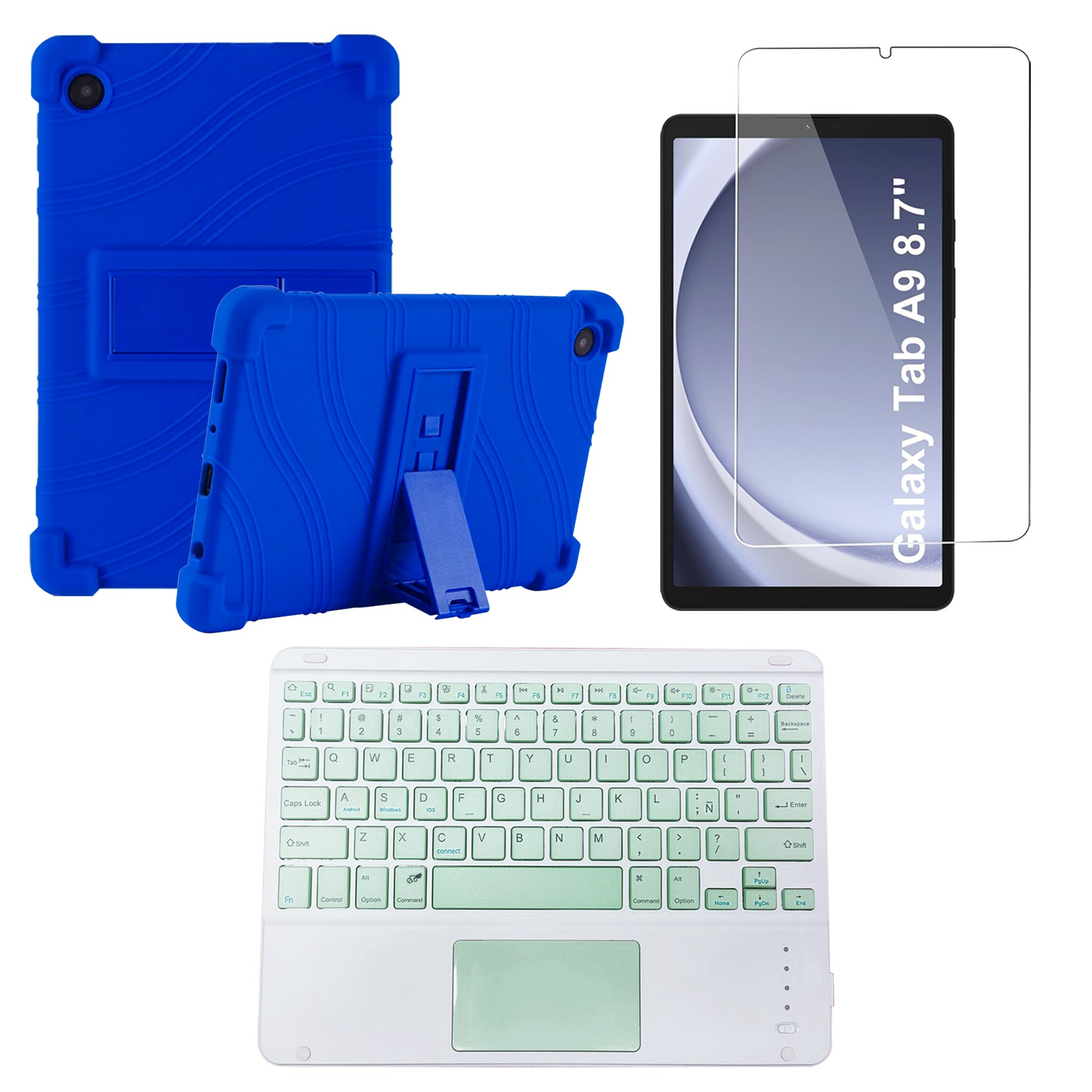 Kit Vidrio templado + Estuche Protector + Teclado Touchpad Bluetooth Tablet Samsung Galaxy Tab A9 8.7 Pulgadas SM-X110 / X115
