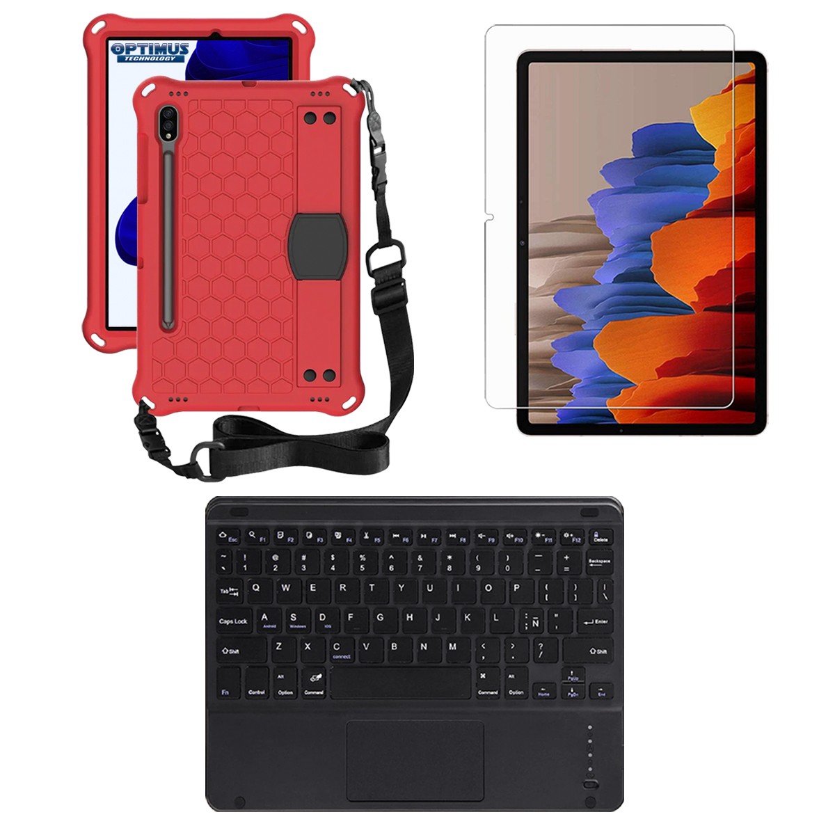 Kit Vidrio templado + Case Protector correa + Teclado Touchpad Bluetooth Samsung Galaxy Tab S9 FE 10.9 Pulgadas 2023 SM-X510