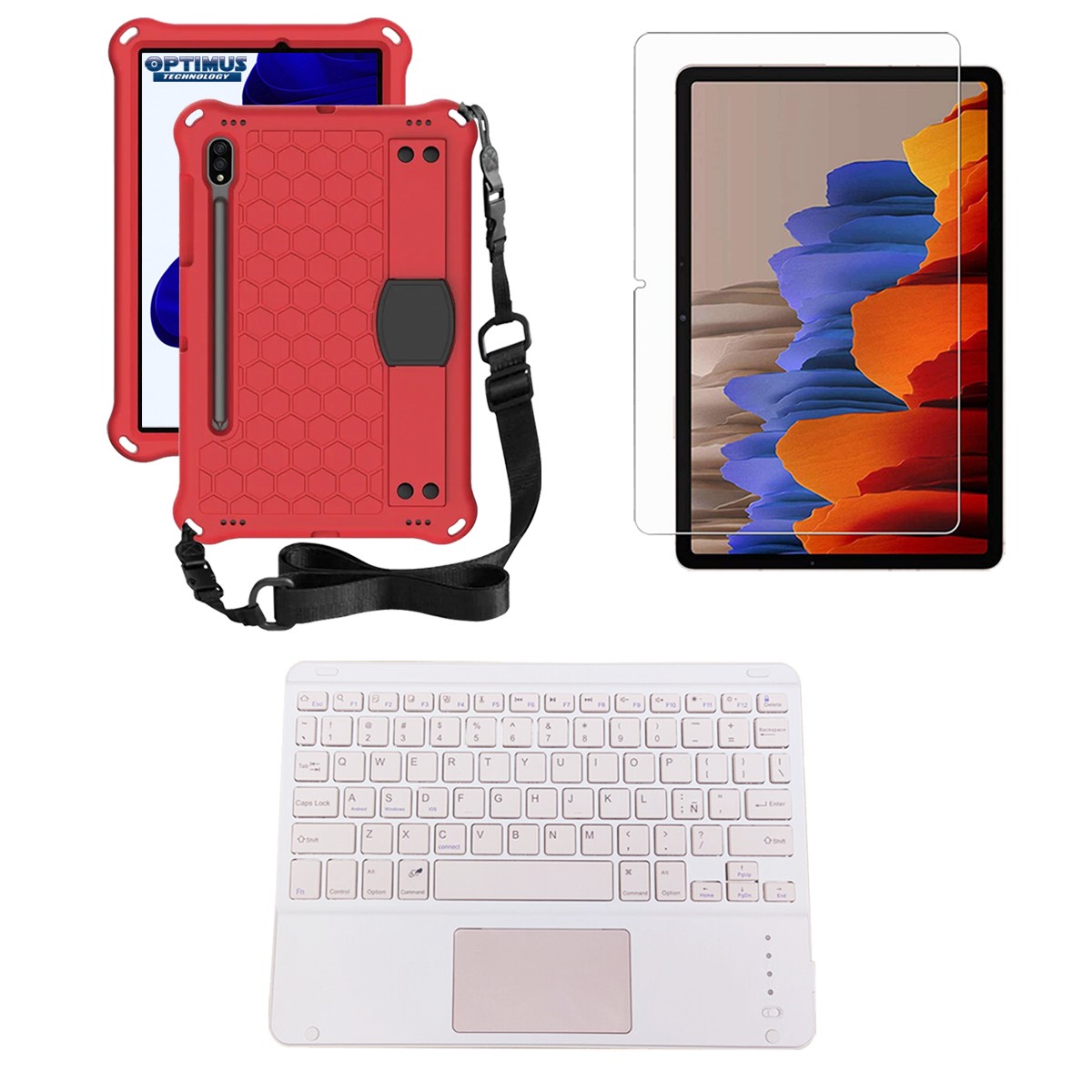 Kit Vidrio templado + Case Protector correa + Teclado Touchpad Bluetooth Samsung Galaxy Tab S9 FE 10.9 Pulgadas 2023 SM-X510