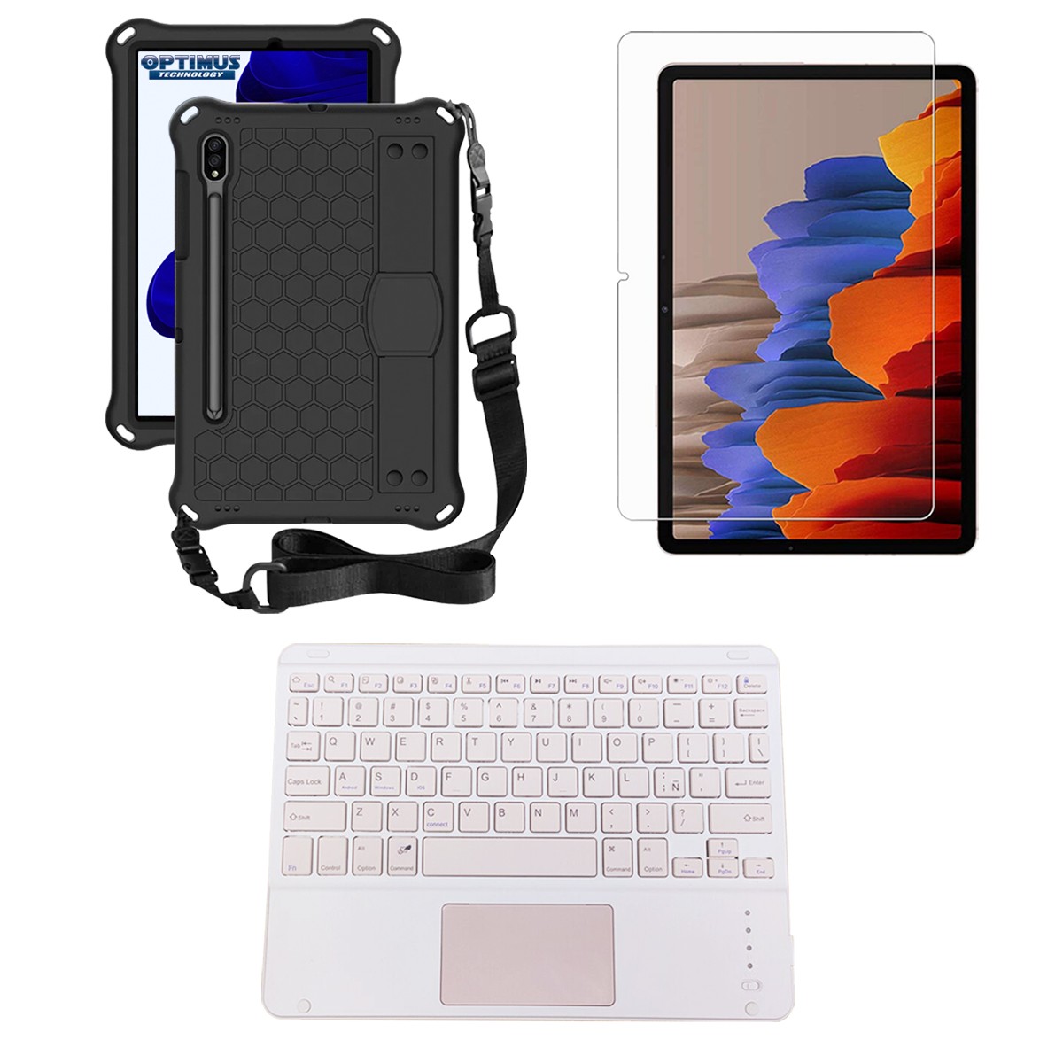 Kit Vidrio templado + Case Protector correa + Teclado Touchpad Bluetooth Samsung Galaxy Tab S9 FE 10.9 Pulgadas 2023 SM-X510