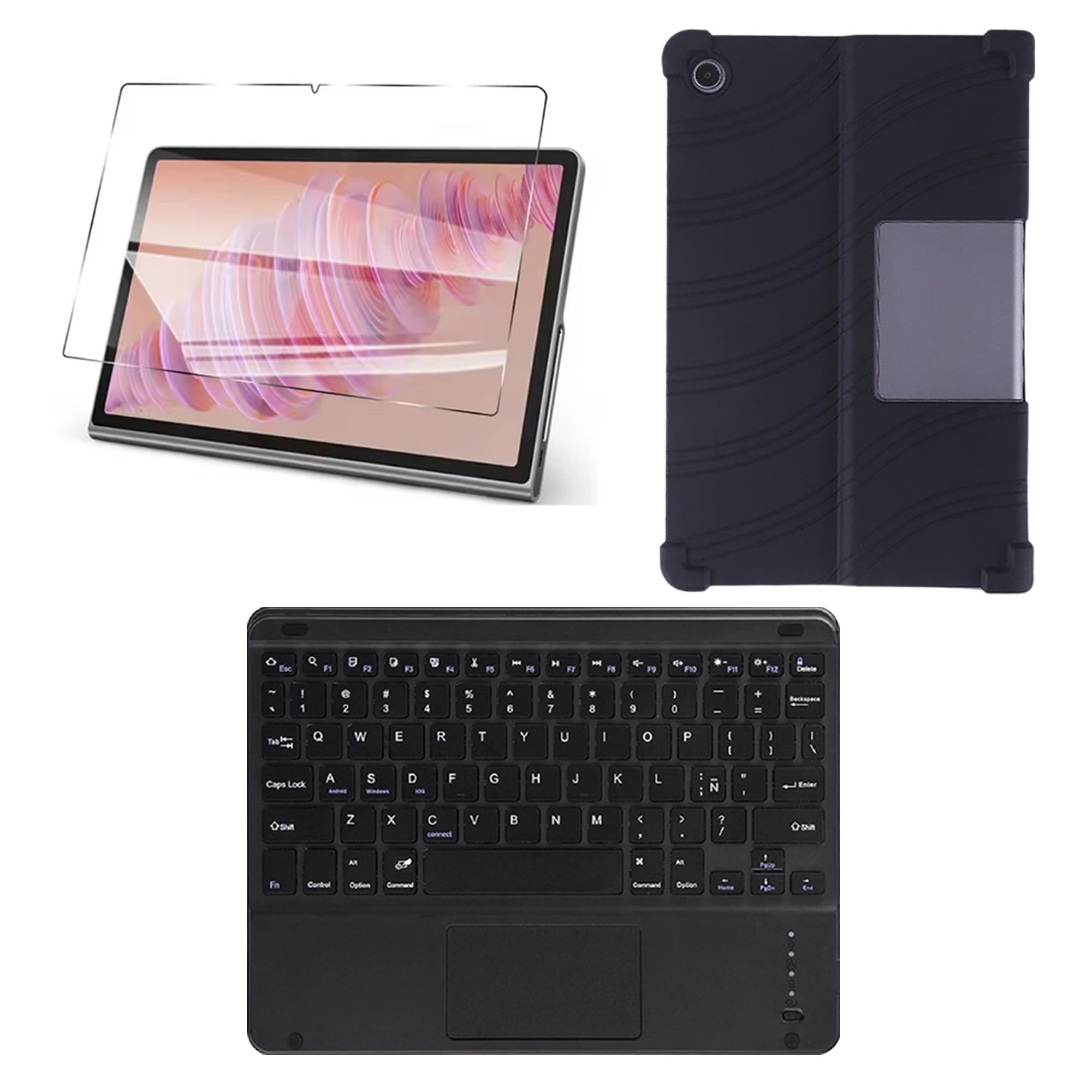 Combo Estuche de Goma Negro Vidrio Templado y Teclado 2 en 1 para Lenovo Tab Plus 11,5 pulgadas 2024