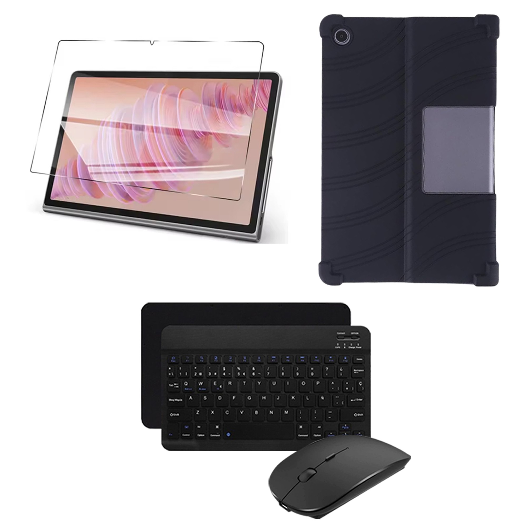 Combo Estuche de Goma Vidrio Templado y Teclado con Mouse para Lenovo Tab Plus 11.5 pulgadas 2024 TB351FU