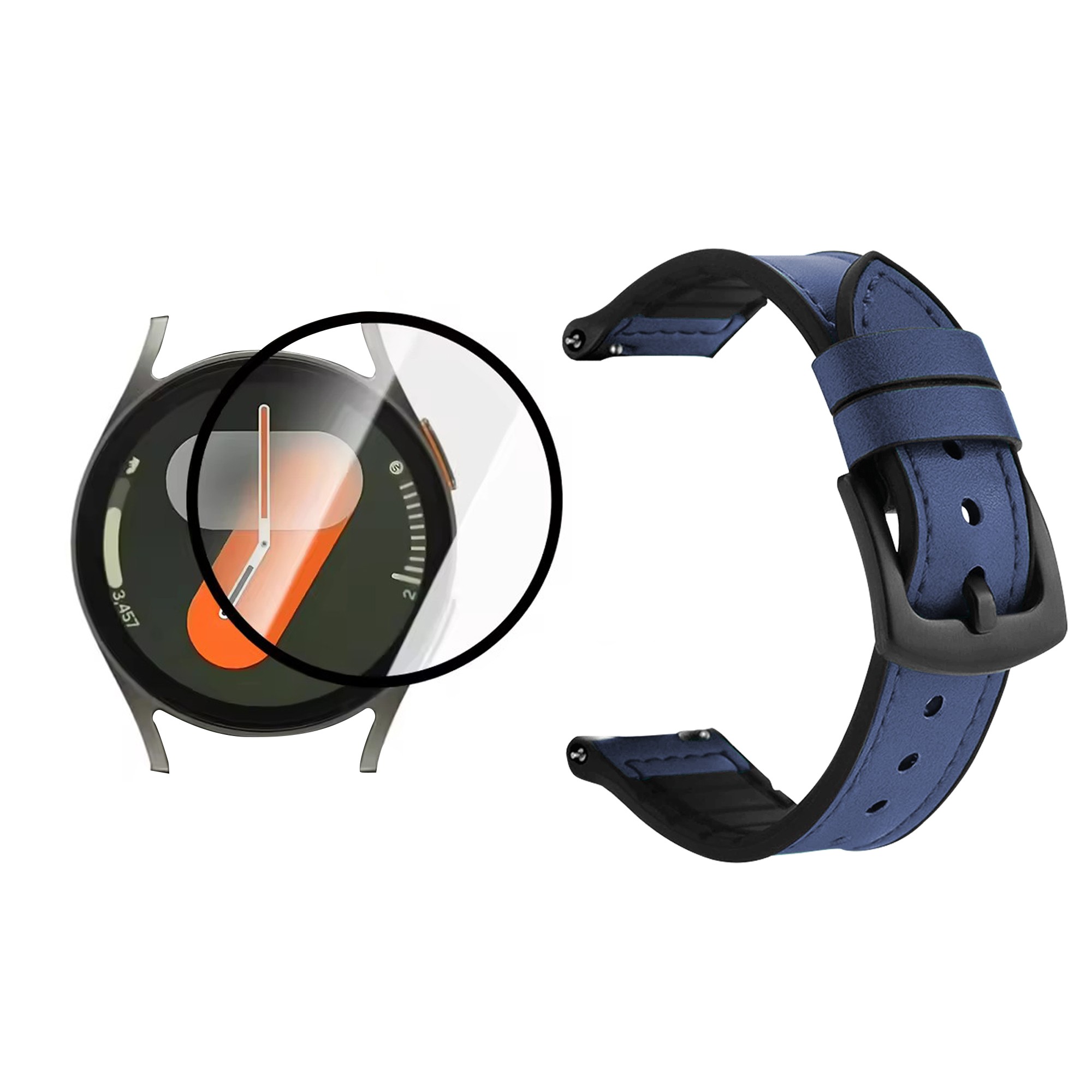 Kit Correa de Cuero anti-sudor Y Vidrio Templado Nanoglass Protector Para Reloj Samsung Galaxy Watch 7 44mm