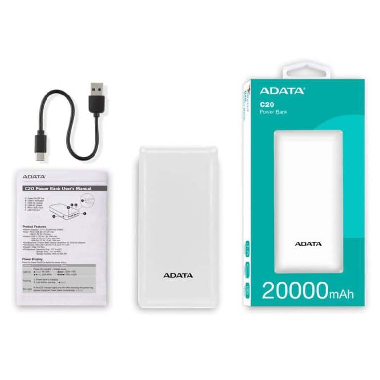 Cargador Portátil ADATA C20 20000mAh Blanco | Power Bank con USB-C PD y Dual USB-A