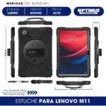 Estuche Lenovo M11 con dimensiones y múltiples ángulos